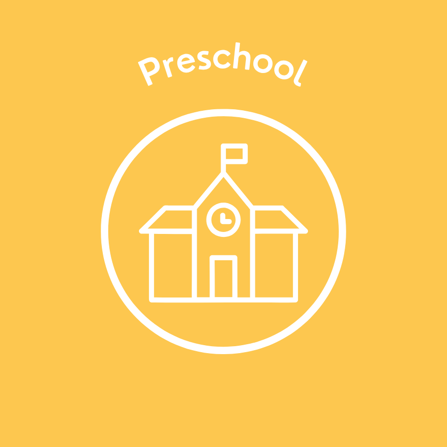 Circular icon of a school building on yellow background. Text reads: Preschool, Future Program.
